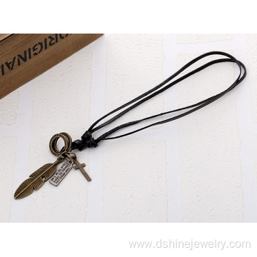 Angel Feather Pendant Men Alloy Cross Charm Leather Necklace